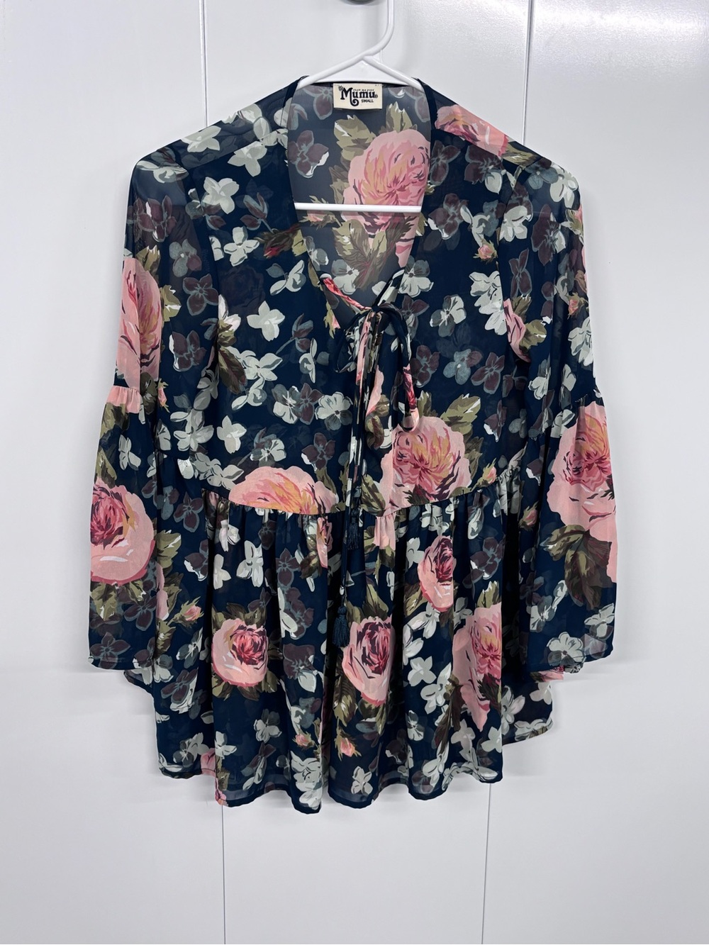 Show Me Your MuMu Women's Blouse Size Small Poet Tie Top Lace Up Floral Navy